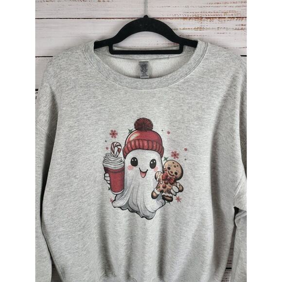 Gildan Heavy Blend Christmas Ghost Sweatshirt L Womens Gray Pullover Crew Neck - Picture 2 of 6